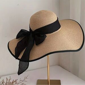 Wide Brim Straw Sun Hat with Black Bow